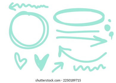 Handdrawn watercolor pastel vector set of illustrations and symbols of arrows, hearts, brush paint, circle, dots and more. Ideal for print, scrap booking, graphic design, web and other.