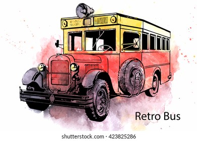 Hand-drawn watercolor Retro city bus vector drawing