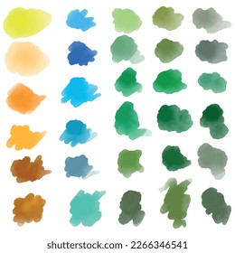 A hand-drawn watercolor set of strokes of yellow, blue, green colors highlighted on a white background. Textures of water brushes for your design.