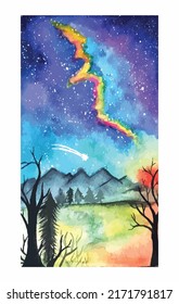 hand-drawn watercolor starry night sky with the milky way. blue and purple sky with dark hill and tree night view painting for background or wallpaper