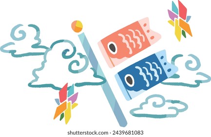 Hand-drawn watercolor style illustration of carp streamer, clouds and shuriken
