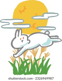 Handdrawn watercolor style illustration of rabbit, moon and pampas grass