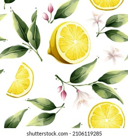 Hand-drawn watercolor style vector illustration. Seamless lemon pattern. Set of green leaves, flowers, buds, and branches. Citrus fruit slices and splashing juice arrangements.