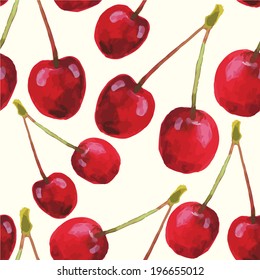 Hand-drawn watercolor vector fresh cherries pattern design