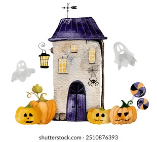 Hand-Drawn Watercolor Vector Illustration Features A Small House With Pumpkins, Perfect As A Halloween Clipart