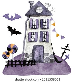 Hand-Drawn Watercolor Vector Illustration Features A Small House With Pumpkins, Perfect As A Halloween Clipart