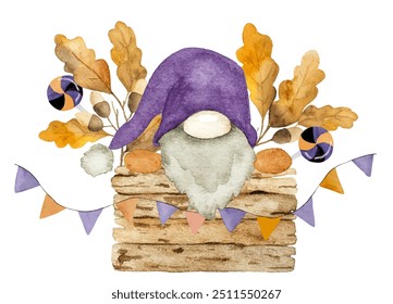 Hand-Drawn Watercolor Vector Illustration Features A Gnome In A Box And Halloween Decorations, Perfect For Halloween Clipart