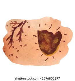 Hand-Drawn Watercolor Vector Shape on Beige Artistic Background. Depicts a watercolor illustration of a walnut on a textured beige background with artistic accents.