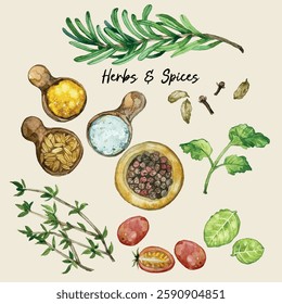 Hand-drawn watercolour isolated illustration of variety of fresh herbs, spices and cooking condiments. Suitable for food menu, botanical illustration, cooking book or plant poster.