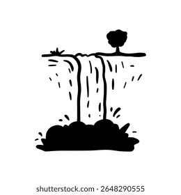 Hand-Drawn Waterfall Doodle Vector – Black and White Nature Landscape Sketch Illustration