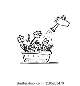 Handdrawn watering flowers doodle icon. Hand drawn black sketch. Sign symbol. Decoration element. White background. Isolated. Flat design. Vector illustration.