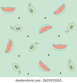 Hand-drawn watermelon and avocado seamless pattern, summer fruit background