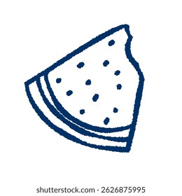 Hand-drawn watermelon slice doodle. Cute fruit sketch in cartoon style. Fresh, juicy, healthy food illustration for stickers, packaging, kitchen decor, summer nutrition, and refreshing design.