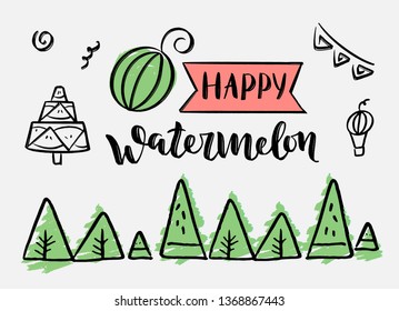 Hand-drawn watermelon vector banner for birthday party. Lettering and calligraphy for poster, background, postcard, banner, window. 

