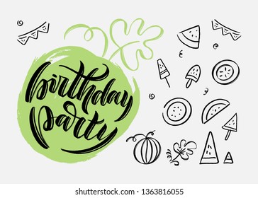 Hand-drawn watermelon vector lettering and icons for birthday party. Lettering and calligraphy for poster, background, postcard, banner, window. Print on cup, bag, shirt, package, balloon