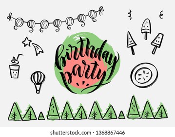 Hand-drawn watermelon vector poster for birthday party. Lettering and calligraphy for poster, background, postcard, banner, window. 


