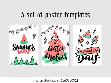 Hand-drawn watermelon vector set poster templates for birthday party. Lettering and calligraphy for poster, background, postcard, banner, window. 