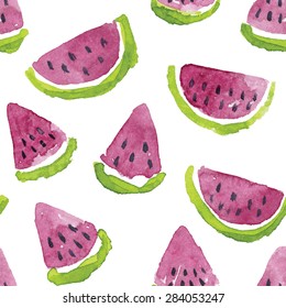 Hand-drawn watermelons seamless pattern. Lovely and bright vector watercolor illustration for summer designs. Vectorized watercolor drawing.