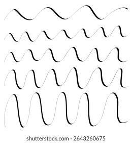 Hand-drawn wave lines in various shapes and thicknesses. Artistic vector set with smooth, flowing curves. Perfect for design accents, abstract decorations, and creative dividers.