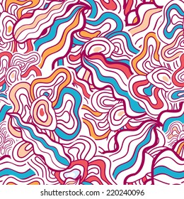 Hand-drawn waves floral pattern, abstract colorful leaves and flowers.Vector seamless background.