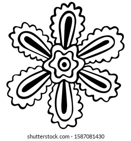 Hand-drawn wavy black and white flower without a stem. View from above. Isolated children coloring. Vector.