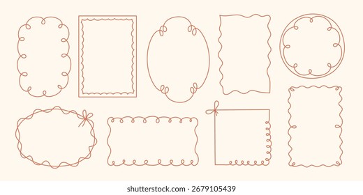 Mão desenhada ondulado coquette quadros definido, espiral ondulado chiado arco amarrado, fitas cardre, moderna moda vintage whimsical edgings elementos, selos de design de borda elegante. Isolado. Ilustração vetorial.