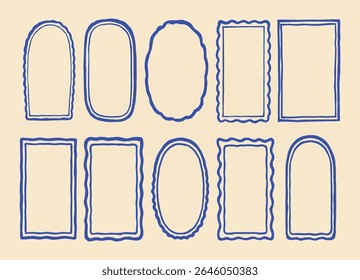 Hand-Drawn Wavy Frame Set – Blue Doodle Borders on Beige Background