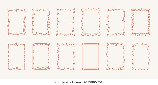 Hand-drawn wavy frames set, squiggle curly swirl ribbons cadre, trendy modern vintage edgings elements, elegant border design stamps. Isolated. Vector illustration.