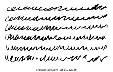 Linhas onduladas desenhadas à mão. Linhas pretas desenhadas com lápis de cera, textura de giz, escovas grunge. Conjunto de vetores isolado em fundo branco.