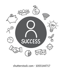 Hand-drawn the way to success and the element of the path to success is around. Vector illustration.
