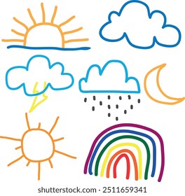  Hand-Drawn Weather Icons Set Featuring Sun, Clouds, Rainbow, and Moon
