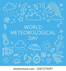 Hand-drawn weather-themed doodle illustration celebrating World Meteorological Day, featuring clouds, rain, sun, lightning, wind, and temperature symbols.