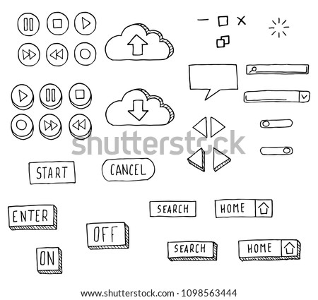 Hand-drawn web-design elements. Vector cartoon doodles. Isolated objects on a white background. Sketches of buttons, clouds, speech bubbles, arrows and other elements of web sites.