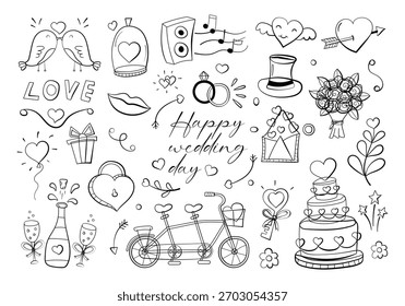 A hand-drawn wedding doodle set featuring hearts, rings, flowers, gifts, love birds, cake, and romantic line-art icons. Perfect for invitations, cards, decorations, branding, and celebration designs.