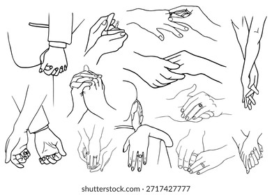 Conjunto de Vector de manos de boda dibujado a mano con parejas cogidas de la mano, anillos de intercambio y gestos románticos. Elegante arte de línea en blanco y negro para invitaciones de matrimonio y anuncios de compromiso