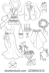 a hand-drawn wedding set.Wedding attributes of the bride and groom.dress,flowers,glasses,invitations, etc.Wedding black and white doodle