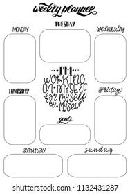 Hand-drawn weekly to do List Templates with handwriting lettering. Organizer and Schedule with motivational quote - I'm working myself. Vector. Isolated