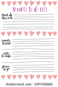 Hand-drawn weekly List Templates with handwriting lettering. Organizer and Schedule with Notes and To Do List. Pink hearts made in doodle style. Vector. Isolated. 