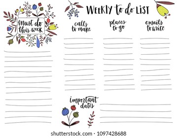 Hand-drawn weekly List Templates with handwriting lettering. Organizer and Schedule with Notes and To Do List. Funny flowers and floral elements made in doodle style. Vector. Isolated. 