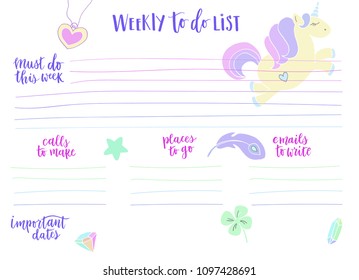 Hand-drawn weekly List Templates with handwriting lettering. Organizer and Schedule with Notes and To Do List. Funny unicorn and magical elements made in doodle style. Vector. Isolated. 