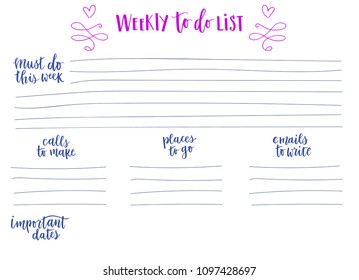 Hand-drawn weekly List Templates with handwriting lettering. Organizer and Schedule with Notes and To Do List. Vector. Isolated. 