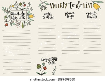 Hand-drawn weekly List Templates with handwriting lettering. Organizer and Schedule with Notes and To Do List. Funny flowers and floral elements made in doodle style. Vector. Isolated. 