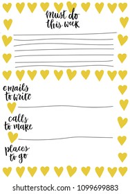 Hand-drawn weekly List Templates with handwriting lettering. Organizer and Schedule with Notes and To Do List. Vector. Isolated