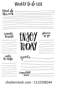 Hand-drawn weekly List Templates with handwriting lettering phrase - Engoy today. Organizer and Schedule with Notes and To Do List. Vector. Isolated