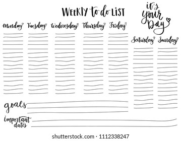 Hand-drawn weekly List Templates with handwriting lettering phrase - It's your day. Organizer and Schedule with Notes and To Do List. Vector. Isolated