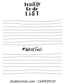 Hand-drawn weekly List Templates with handwriting lettering. Organizer and Schedule with Notes and To Do List. Vector. Isolated