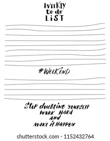 Hand-drawn weekly List Templates with handwriting lettering quote - Stop doubting yorself. Organizer and Schedule with Notes and To Do List. Vector. Isolated