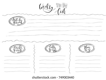 Hand-drawn weekly List Templates with handwriting lettering. Organizer and Schedule with Notes and To Do List. Vector. Isolated