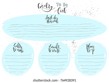 Hand-drawn weekly List Templates with handwriting lettering. Organizer and Schedule with Notes and To Do List. Vector. Isolated