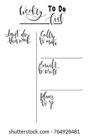 Hand-drawn weekly List Templates with handwriting lettering. Organizer and Schedule with Notes and To Do List. Vector. Isolated